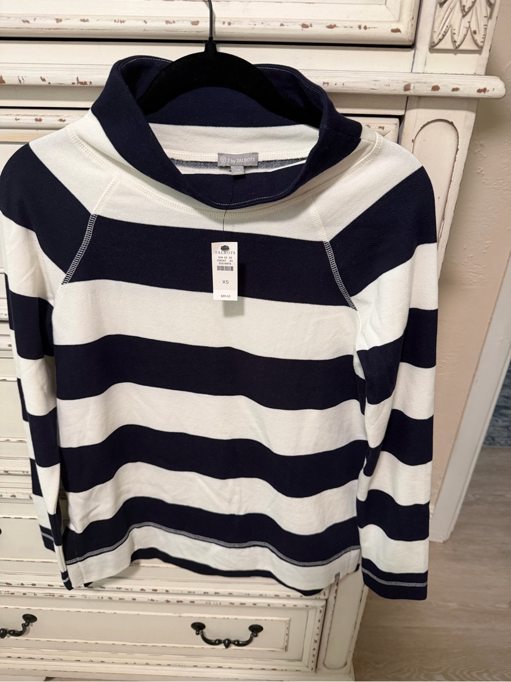 Talbots Navy and White Striped Cowl Neck Sweater